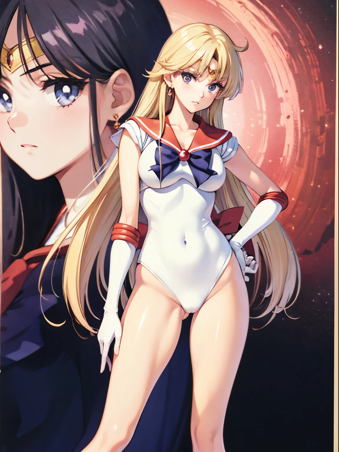 Sailor Moon, 1 girl, blonde hair, long hair, blue eyes, detailed eyes, simple background, female focus, alone, standing, Usagi Tsukino, portrait, full body, (Masterpiece:1.0), (best quality:1.0), (wallpaper 8k:1.0), (beautiful face detailed:1.0), (deep detailed eyes), deep eyes, looking at viewer, red bow on chest, pink bra, white gloves, big breasts, bare abdomen, pink panties , in a pool,