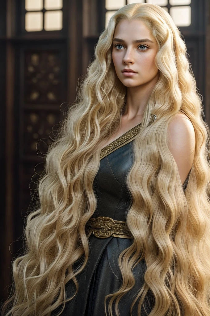 man of imposing stature and majestic bearing. Her hair is long and pale gold., falling in soft waves to her shoulders, a distinctive feature of his Targaryen heritage. His eyes are dark and filled with a fierce intensity., capable of penetrating the soul of anyone who meets their gaze.