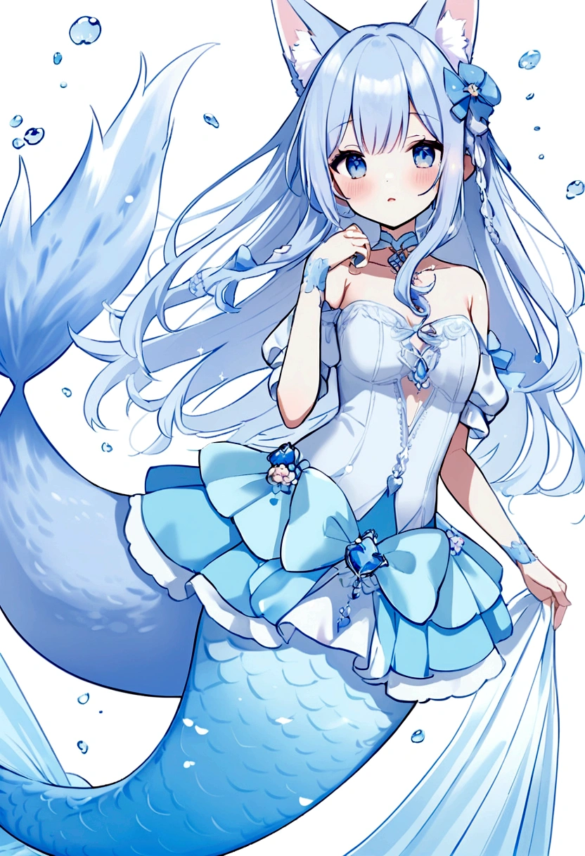A pastel blue fox with light pink, mermaids tail