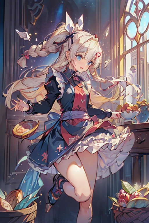 (perky chest:1.2), (pointed chest:1.2),(((Black Tunic:1.3))),(((cakes and bread in the basket),Cute and beautiful girl,Cute round face,Cute smile,with blush cheeks,Red Lip,a girl 22 years old, nsfw:1.2, beautiful body:1.3), shinny skin, BREAK, ((alice in the wonderland:1.3, cute, kawaii, lovely, funny, a girl falling down from sky:1.3, girl flying in sky:1.2, girl floating in air:1.3, rolling upskirt by wind:1.5, (with sparkling eyes and a contagious smile),open mouth, Looking at Viewer, surprised, putting hands on crotch over the skirts:1.35)), BREAK, ((floating things as follows:1.3, PlayingCards, Trump, tea cup, tea pot, tea spoons, pocket watch:1.3, lip sticks, candies:1.2, cookies, jam bottles, classical door_keys)), ((long purply_Blue dress :1.5, wearing long flaired skirt:1.3, the skirt is blowing:1.3, cute White Apron, black stockingedium long platinum-blonde hair:1.2, twin tail hair:1.6, tied hair with a large ribbon), (Blue eyes, bright pupils with highlights, detailed eyes), (lying down on your back:0.7, spreading legs with rising up straight:0.7), sexy posture, fantastic colorful art, (fantasy art:1.2, wondered images), ((correct anatomy:1.5, perfect anatomy:1.3, correct hand, small foot:1.2)),