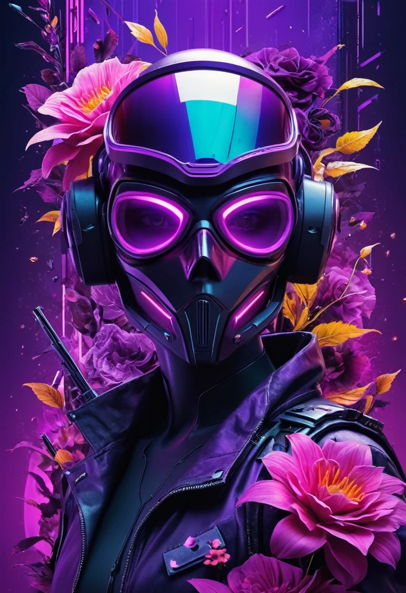 Cinematic vision, abstrait, sin humanos, Cyberwave Cyberpunk Halloween Themed Poster with Flowers, no human, Metallic elements, Acidic colors: Unripe, purple