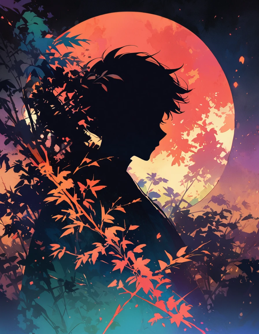 Guy silhouette, filled with bamboo branches, Traditional Japanese bamboo, close-up, double exposure, night sky background