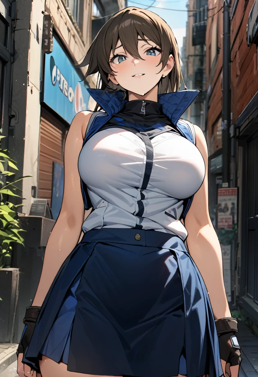 masterpiece, Highest quality, High resolution, 1, White jacket, No sleeve, Blue Skirt, Fingerless gloves, Large Breasts, Cowboy Shot, Are standing, street, Tenjoin Asuka, True Face