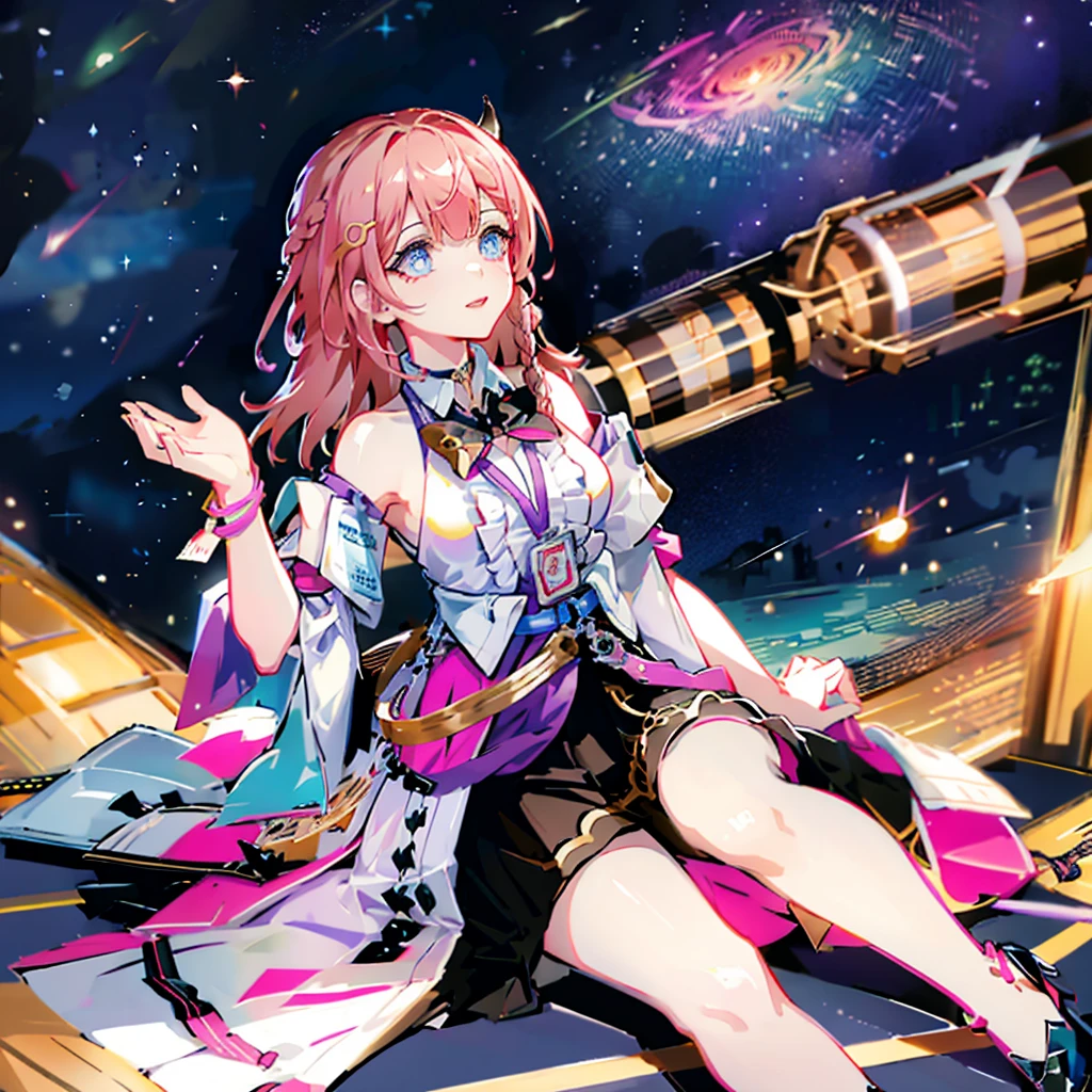 1girll, ova \(Honkai: star rail\), Detached sleeves, High heels, high waisted skirt, Sleeveless shirt, ID cards, overskirt, anklet, thigh band, Bracelet, Hairpin, belt, neck bowtie, choker necklace, Starry sky, Sitting, yokozuwari, Looking up, meteors, Outdoors, Depth of field, (Extremely detailed Cg Unity 8K wallpaper,Masterpiece, Best quality, Ultra-detailed, Beautiful detailed eyes:1.2) With black horns 