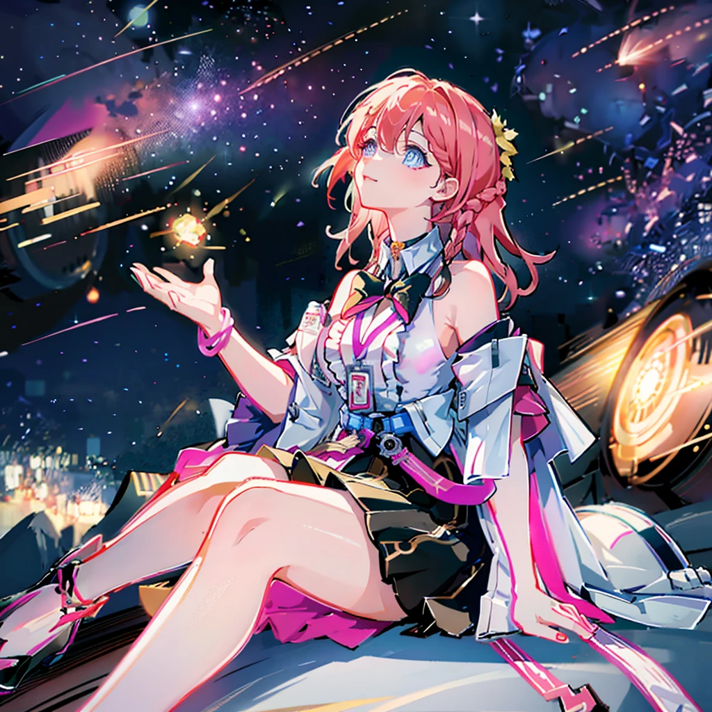 1girll, ova \(Honkai: star rail\), Detached sleeves, High heels, high waisted skirt, Sleeveless shirt, ID cards, overskirt, anklet, thigh band, Bracelet, Hairpin, belt, neck bowtie, choker necklace, Starry sky, Sitting, yokozuwari, Looking up, meteors, Outdoors, Depth of field, (Extremely detailed Cg Unity 8K wallpaper,Masterpiece, Best quality, Ultra-detailed, Beautiful detailed eyes:1.2) With black horns 