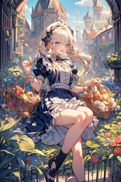 (perky chest:1.2), (pointed chest:1.2),(((Black Tunic:1.3))),(((cakes and bread in the basket),Cute and beautiful girl,Cute round face,Cute smile,with blush cheeks,Red Lip,a girl 22 years old, nsfw:1.2, beautiful body:1.3), shinny skin, BREAK, ((alice in the wonderland:1.3, cute, kawaii, lovely, funny, a girl falling down from sky:1.3, girl flying in sky:1.2, girl floating in air:1.3, rolling upskirt by wind:1.5, (with sparkling eyes and a contagious smile),open mouth, Looking at Viewer, surprised, putting hands on crotch over the skirts:1.35)), BREAK, ((floating things as follows:1.3, PlayingCards, Trump, tea cup, tea pot, tea spoons, pocket watch:1.3, lip sticks, candies:1.2, cookies, jam bottles, classical door_keys)), ((long purply_Blue dress :1.5, wearing long flaired skirt:1.3, the skirt is blowing:1.3, cute White Apron, black stockingedium long platinum-blonde hair:1.2, twin tail hair:1.6, tied hair with a large ribbon), (Blue eyes, bright pupils with highlights, detailed eyes), (lying down on your back:0.7, spreading legs with rising up straight:0.7), sexy posture, fantastic colorful art, (fantasy art:1.2, wondered images), ((correct anatomy:1.5, perfect anatomy:1.3, correct hand, small foot:1.2)), 