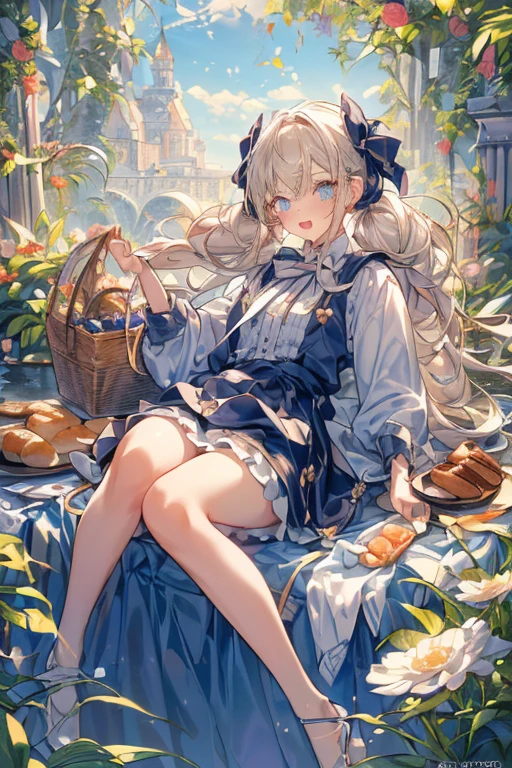(perky chest:1.2), (pointed chest:1.2),(((Black Tunic:1.3))),(((cakes and bread in the basket),Cute and beautiful girl,Cute round face,Cute smile,with blush cheeks,Red Lip,a girl 22 years old, nsfw:1.2, beautiful body:1.3), shinny skin, BREAK, ((alice in the wonderland:1.3, cute, kawaii, lovely, funny, a girl falling down from sky:1.3, girl flying in sky:1.2, girl floating in air:1.3, rolling upskirt by wind:1.5, (with sparkling eyes and a contagious smile),open mouth, Looking at Viewer, surprised, putting hands on crotch over the skirts:1.35)), BREAK, ((floating things as follows:1.3, PlayingCards, Trump, tea cup, tea pot, tea spoons, pocket watch:1.3, lip sticks, candies:1.2, cookies, jam bottles, classical door_keys)), ((long purply_Blue dress :1.5, wearing long flaired skirt:1.3, the skirt is blowing:1.3, cute White Apron, black stockingedium long platinum-blonde hair:1.2, twin tail hair:1.6, tied hair with a large ribbon), (Blue eyes, bright pupils with highlights, detailed eyes), (lying down on your back:0.7, spreading legs with rising up straight:0.7), sexy posture, fantastic colorful art, (fantasy art:1.2, wondered images), ((correct anatomy:1.5, perfect anatomy:1.3, correct hand, small foot:1.2)),