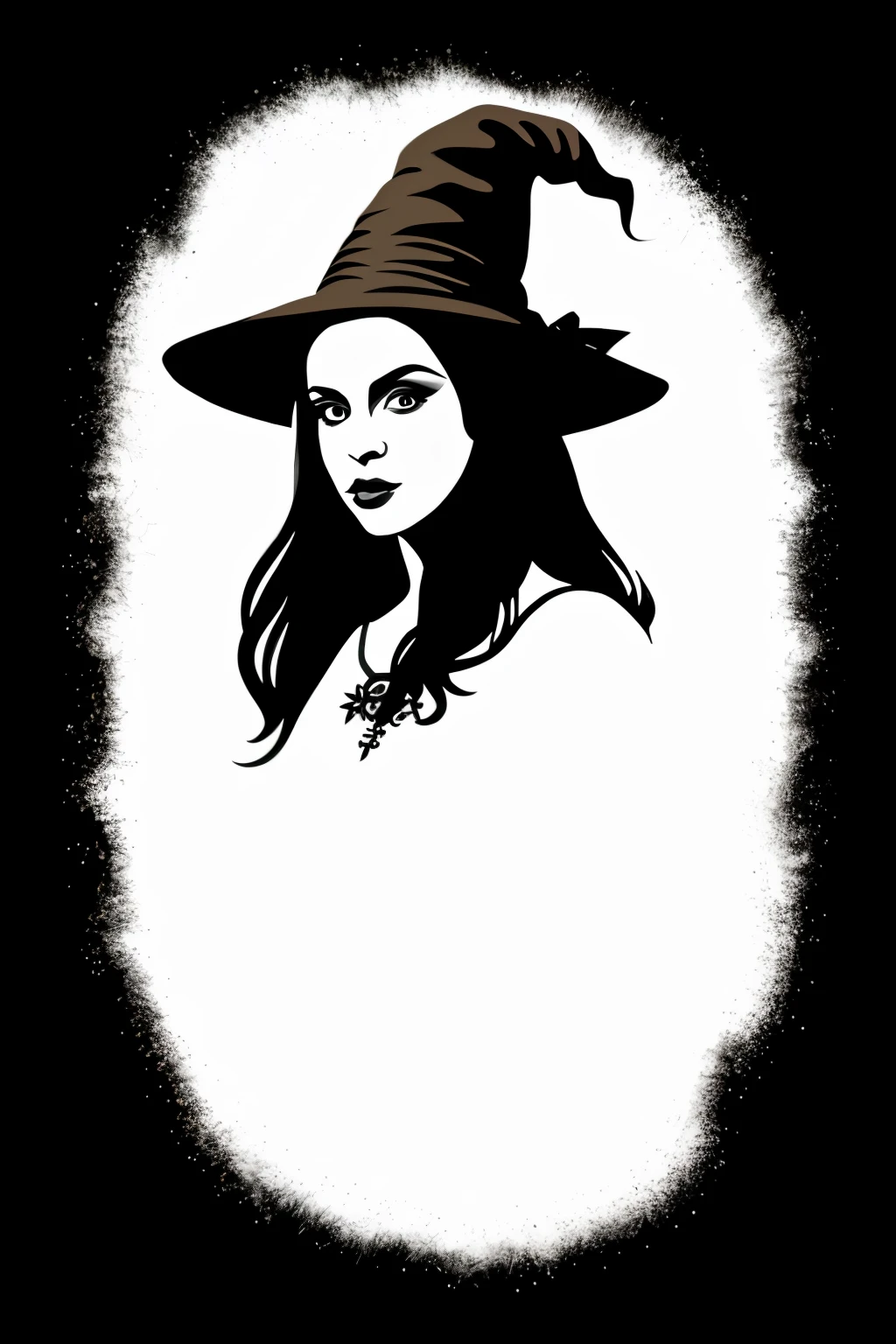 ((best quality)), ((masterpiece)), (detailed), vector art, black silhouette of a very beautiful witch with big beautiful eyes, no background (white background)