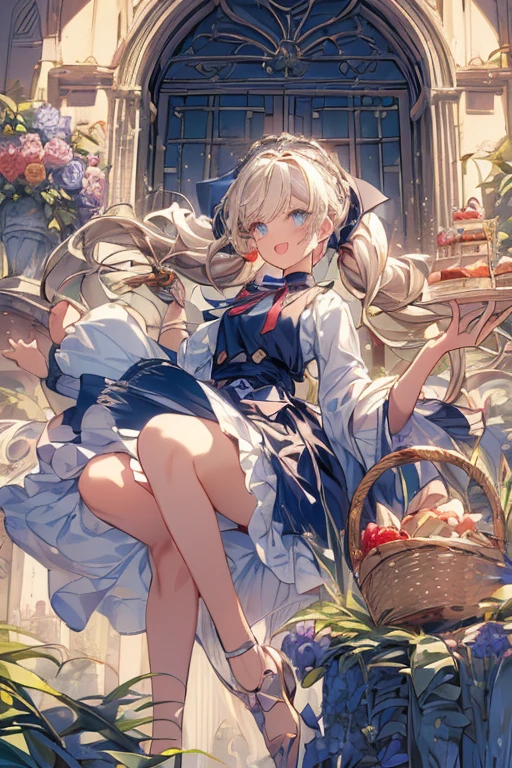 (perky chest:1.2), (pointed chest:1.2),(((Black Tunic:1.3))),(((cakes and bread in the basket),Cute and beautiful girl,Cute round face,Cute smile,with blush cheeks,Red Lip,a girl 22 years old, nsfw:1.2, beautiful body:1.3), shinny skin, BREAK, ((alice in the wonderland:1.3, cute, kawaii, lovely, funny, a girl falling down from sky:1.3, girl flying in sky:1.2, girl floating in air:1.3, rolling upskirt by wind:1.5, (with sparkling eyes and a contagious smile),open mouth, Looking at Viewer, surprised, putting hands on crotch over the skirts:1.35)), BREAK, ((floating things as follows:1.3, PlayingCards, Trump, tea cup, tea pot, tea spoons, pocket watch:1.3, lip sticks, candies:1.2, cookies, jam bottles, classical door_keys)), ((long purply_Blue dress :1.5, wearing long flaired skirt:1.3, the skirt is blowing:1.3, cute White Apron, black stockingedium long platinum-blonde hair:1.2, twin tail hair:1.6, tied hair with a large ribbon), (Blue eyes, bright pupils with highlights, detailed eyes), (lying down on your back:0.7, spreading legs with rising up straight:0.7), sexy posture, fantastic colorful art, (fantasy art:1.2, wondered images), ((correct anatomy:1.5, perfect anatomy:1.3, correct hand, small foot:1.2)),