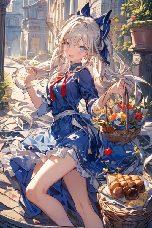 (perky chest:1.2), (pointed chest:1.2),(((Black Tunic:1.3))),(((cakes and bread in the basket),Cute and beautiful girl,Cute round face,Cute smile,with blush cheeks,Red Lip,a girl 22 years old, nsfw:1.2, beautiful body:1.3), shinny skin, BREAK, ((alice in the wonderland:1.3, cute, kawaii, lovely, funny, a girl falling down from sky:1.3, girl flying in sky:1.2, girl floating in air:1.3, rolling upskirt by wind:1.5, (with sparkling eyes and a contagious smile),open mouth, Looking at Viewer, surprised, putting hands on crotch over the skirts:1.35)), BREAK, ((floating things as follows:1.3, PlayingCards, Trump, tea cup, tea pot, tea spoons, pocket watch:1.3, lip sticks, candies:1.2, cookies, jam bottles, classical door_keys)), ((long purply_Blue dress :1.5, wearing long flaired skirt:1.3, the skirt is blowing:1.3, cute White Apron, black stockingedium long platinum-blonde hair:1.2, twin tail hair:1.6, tied hair with a large ribbon), (Blue eyes, bright pupils with highlights, detailed eyes), (lying down on your back:0.7, spreading legs with rising up straight:0.7), sexy posture, fantastic colorful art, (fantasy art:1.2, wondered images), ((correct anatomy:1.5, perfect anatomy:1.3, correct hand, small foot:1.2)), 