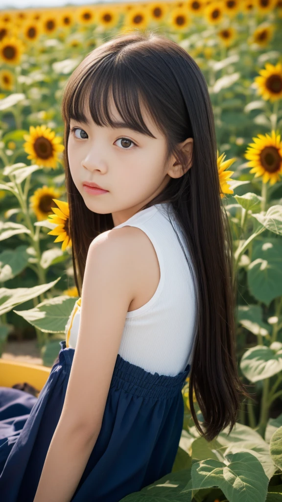 8K、Elementary school beautiful girl、A dark-haired、detailed beautiful faces、very short pants, A field of sunflowers
、Very strong wind、decolletage、Sit on the buttocks