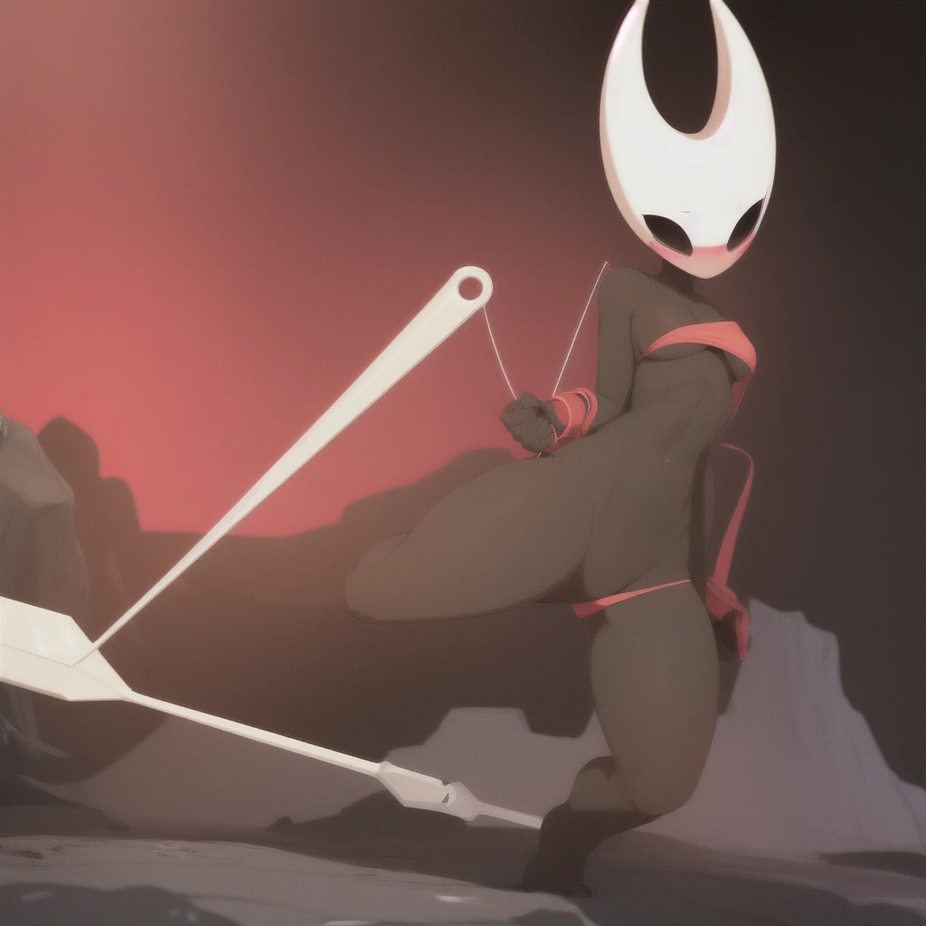 hornet, cute, chibi, no feet, furry girl, slim,anthro, needle weapon, thread, solo, red panties, bare feet, Lying on his back, kind of , full body,red bikini, (best quality), (detailed dark cave background:1.2), looking at viewer, flat colors, medium breasts, no nipples, no vagina, sexy body, abs, (blushes 1.5), underboob