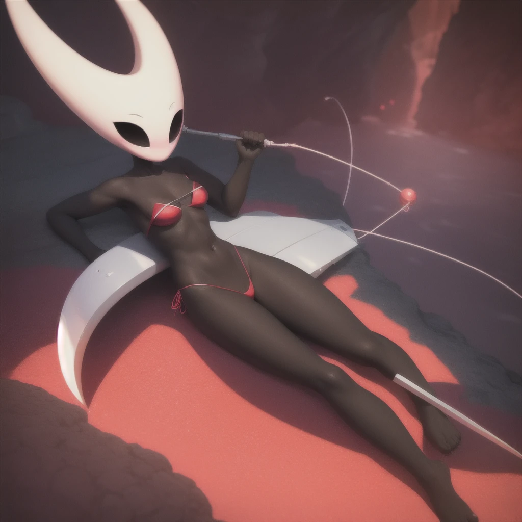 hornet, cute, chibi, no feet, furry girl, slim,anthro, needle weapon, thread, solo, red panties, bare feet, Lying on his back, kind of , full body,red bikini, (best quality), (detailed dark cave background:1.2), looking at viewer, flat colors, medium breasts, no nipples, no vagina, sexy body, abs, (blushes 1.5), underboob