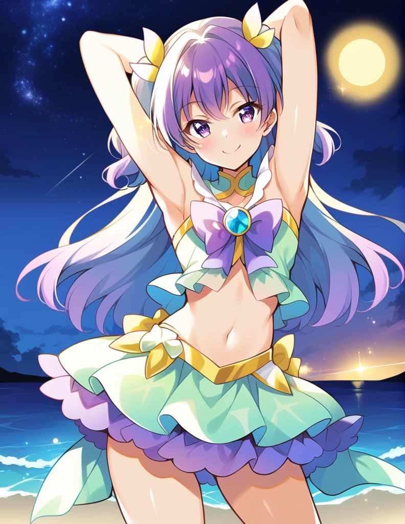 curetwinkle, shiny skin, high quality, solo, 1girl, night sky, beach, arms behind head, (contrapposto), closed mouth, spread armpits, cowboy shot, looking at viewer, smile, best quality,