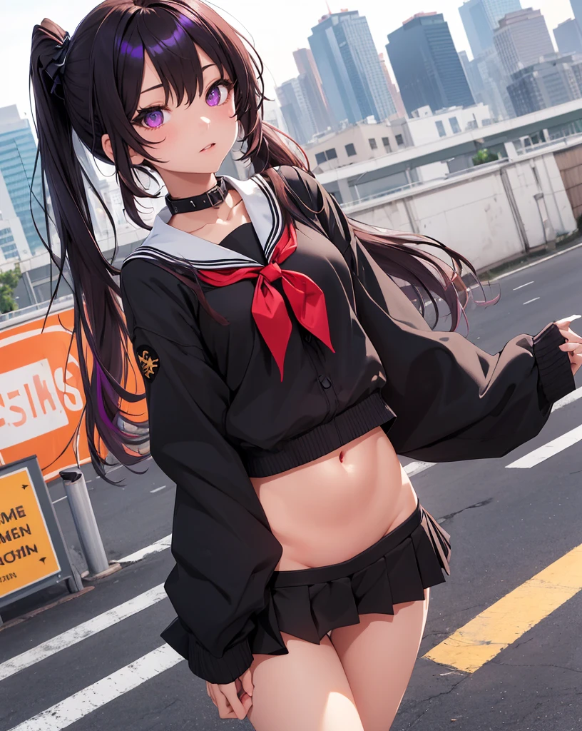 ((master part)), best quality, absurderes, ultra detaild, Holographic, cowboy shot, proportion Aurea, super cute girl,  Madura, Idol girl, Super beautiful asian girl with very cute violet bright eyes, Beautiful multicolored bright brown hair, high ponytail, nice and sexy body, body skinny, perfectbody,  cute hair ornament, ,school rooftop topless,  ((nsfw)), {{Lewd}} 
black 
black serafuku
sailor collar
black miniskirt
long sleeves
