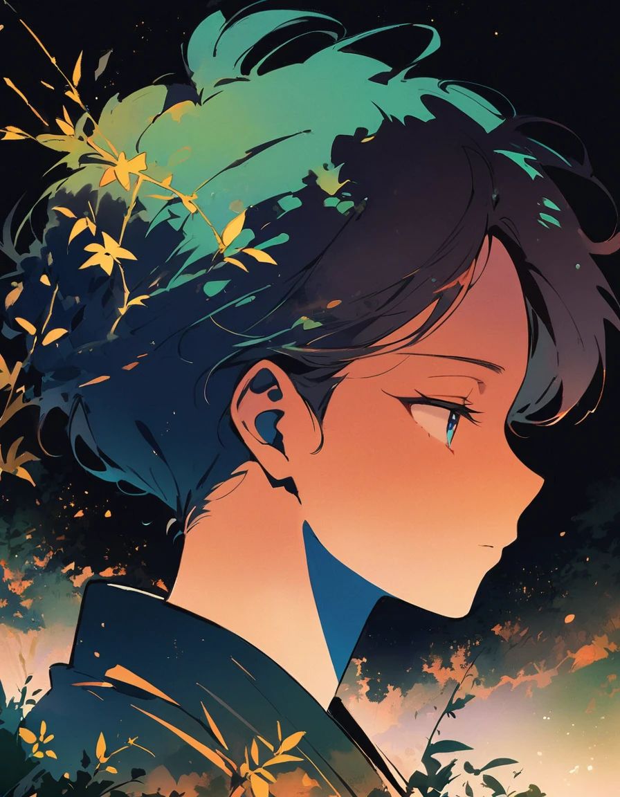 Guy silhouette, filled with bamboo branches, Traditional Japanese bamboo, close-up, double exposure, night sky background
