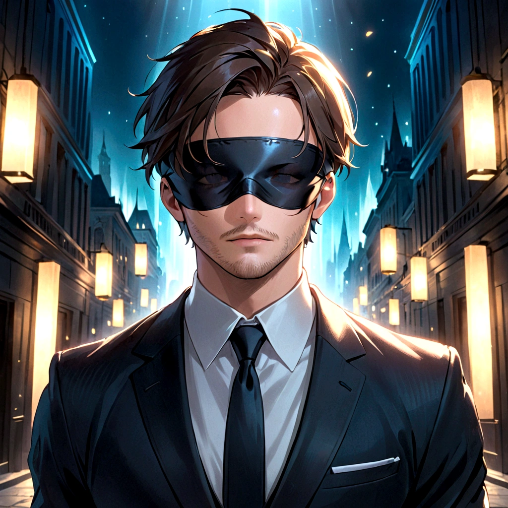 young handsome man with blindfold in a suit, light stubble, face centered in the lens, square jaw
