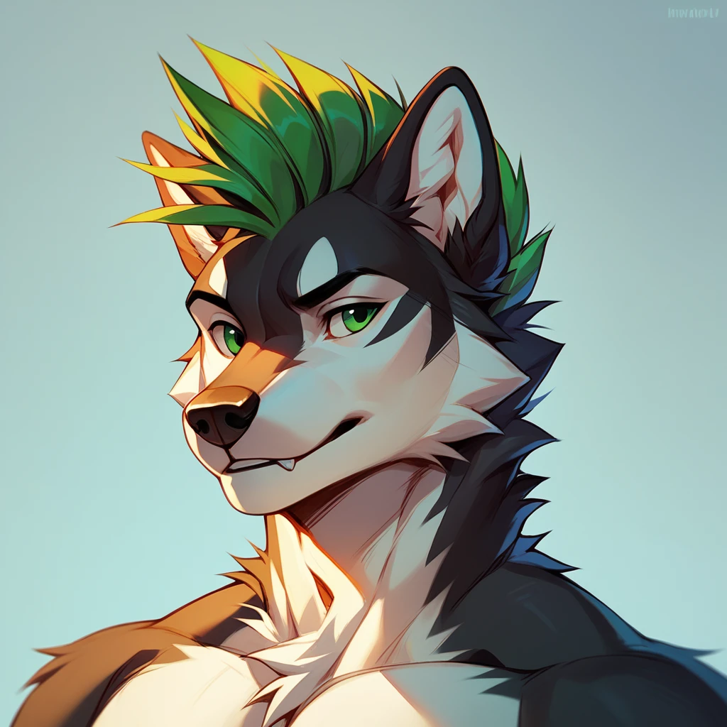 A male wolf husky mix with white fur on his face and black fur framing his face he has green eyes and curly green Mohawk 