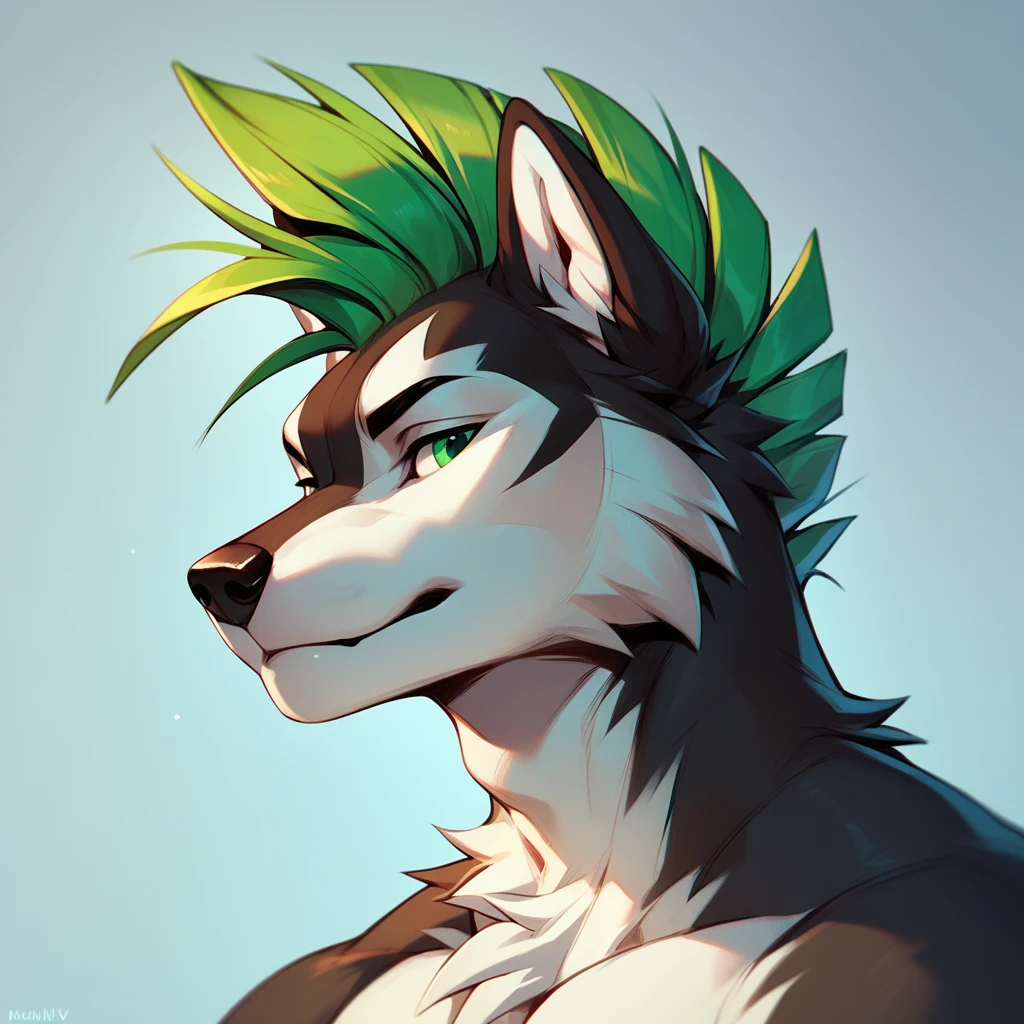 A male wolf husky mix with white fur on his face and black fur framing his face he has green eyes and curly green Mohawk 