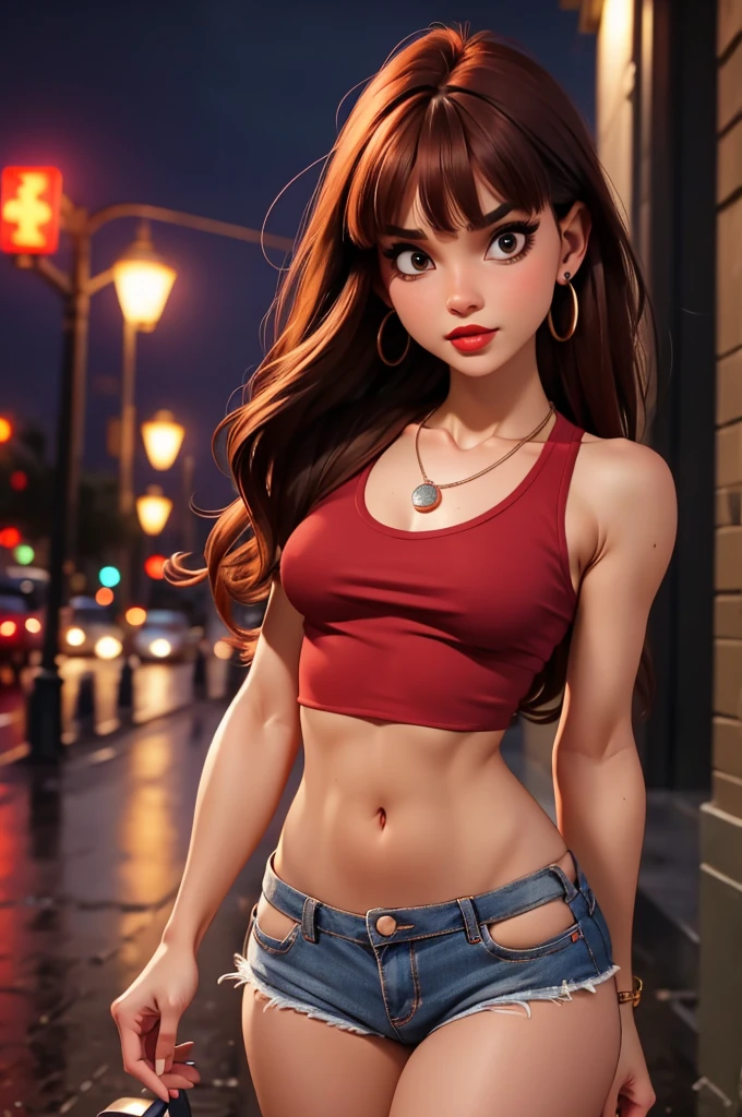 A detailed portrait of a teeanage girl. Small breasts, flat chest, slender abs. (Petite body:1.2). wearing mini shorts and a fitted red crop top. Long messy hair with bangs. Necklace. Earrings. Red lips. Sexy gaze. On a rainy night in the street.