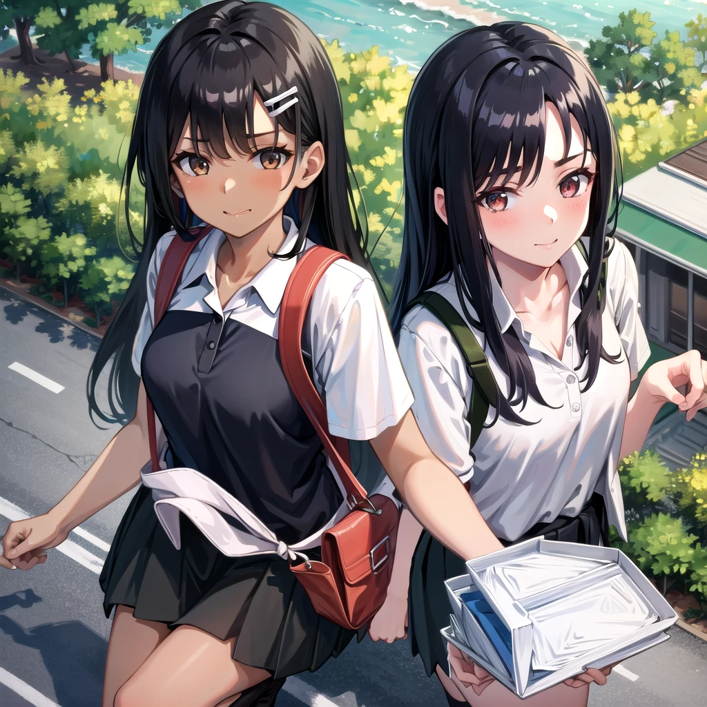 ((best quality)), ((masterpiece)), (details), one girl, sexy ((best quality)), ((masterpiece)), (details), one girl, sexy ((best quality)), ((masterpiece)), (details), one girl, full body, sexy expensive body, expensive, long legs, mature woman, mature, adult, it_nagatoro_main, Nagatoro Hayase, one girl, blushing, alone, uniform polo shirt, black hair, bag, brown eyes, hair accessory, looking at viewer, hair clip, outdoors, backpack, smiling, long hair, dark skinned woman, dark skin, , bangs, daytime, skirt, collared shirt, collarbone, ear clip, mouth closed, tree, asymmetrical bangs, upper body