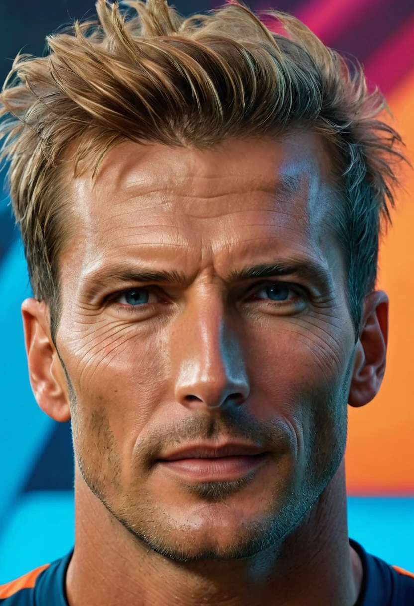 (Best quality), (Highly detailed), (High resolution), (8K), (Realistic), (Portrait), A Dutch man named Hans van der Meer, with a rugged, masculine face texture and a defined mid-jawline, looking energetic in sport attire, standing confidently against a vibrant, futuristic concept art background