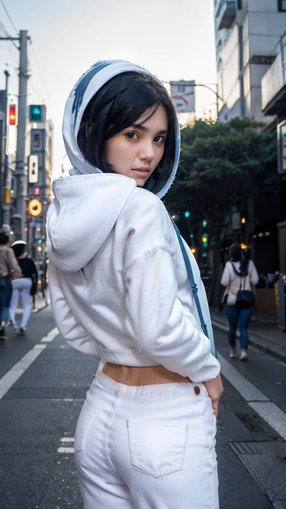 (fullbody shot,street lamps,moon),Masterpiece, 1girl, solo exhibition, beautiful woman on the bustling street, surrounded by hawkers, beautiful goddess girl , beautiful and detailed face, porcelain skin, (((bust shot, center, night, black hair, short hair,huge ass )), (((wearing white hoodie, blue pants,)))super soft lighting, symmetry, complexity, elegance, high detail, realism, in the streets of Tokyo