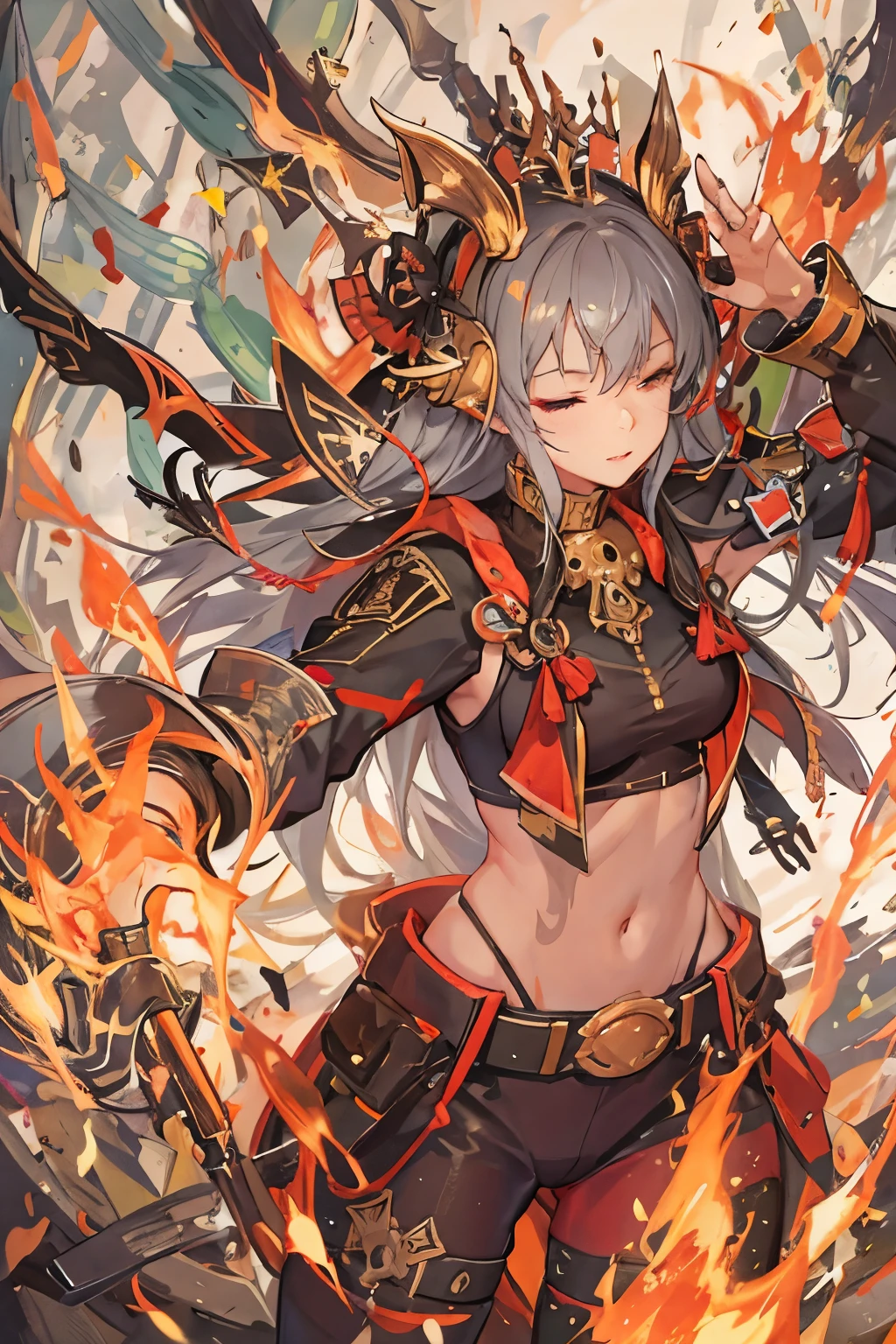 (whole body: 1.2), (one girl), (double eyes: 1.1), (small nose: 1.1), (thin lips: 1.1), eyes closed, brightly colored, glittering

Battlefield, burning forest, bullets flying, blast, unquenchable fire