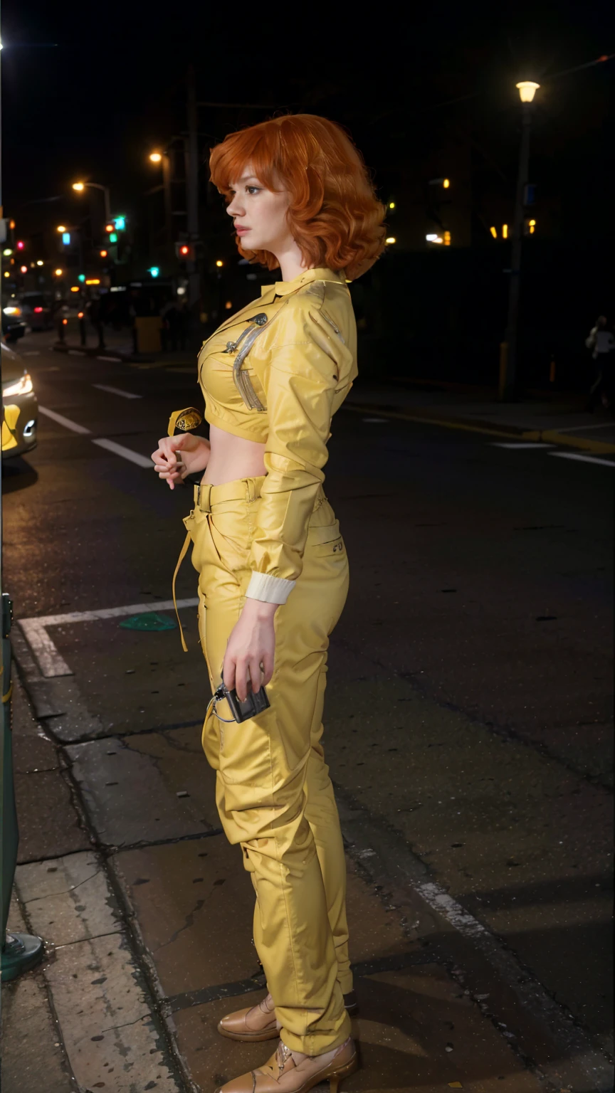 (masterpiece), (best quality), (solo character), (photorealistic:1.4), (c7r1s1h3n6r-smf, CHristina Hendricks), (April O'Neil_v1 jumpsuit), (yellow jumpsuit), (April O'Neil_v1 white belt), ), (epiCRealLife), (lora:epiCFlashPhoto), (latex midriff), (red hair), (brown eyes), (young woman), (flashphoto), (night time), (new york city street), (traffic light), (different camera angle shots), (look at viewers),