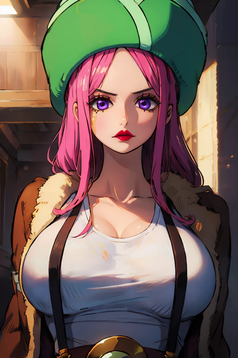 HDR, CG, sharp focus,(8k), (4k), (Masterpiece), (Best Quality), fantasy, extremely detailed, intricate, hyper detailed, (perfect face), illustration,soft lighting, highres, absurdres,best quality, jewelry bonney, lipstick, purple eyes, pink hair, long hair, green hat, white tank top, suspenders, brown jacket, striped shorts, straight hair, indoors, room, navel, big breasts, upper body
