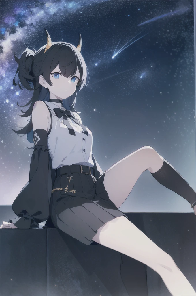Detached sleeves, High heels, high waisted skirt, Sleeveless shirt, ID cards, overskirt, anklet, thigh band, Bracelet, Hairpin, belt, neck bowtie, choker necklace, Starry sky, Sitting, yokozuwari, Looking up, meteors, Outdoors, Depth of field, (Extremely detailed Cg Unity 8K wallpaper,Masterpiece, Best quality, Ultra-detailed, Beautiful detailed eyes:1.2) With black horns