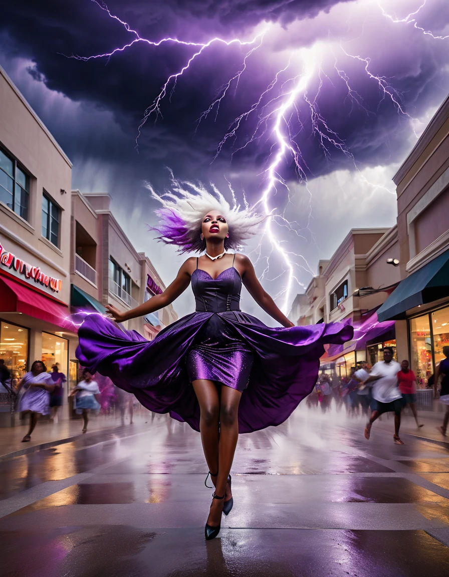 a tornado touching down in a shopping center, people running, lightning coming out of a 30 year old gothic black woman floating in a busy city, wearing a gothic dress, red eyes, white hair, purple aura, atmospheric lightning, dramatic purple lightning, wind, head tilt, expressive hair, thin legs, people fleeing from the busy streets, dark clouds, numerous purple lightning bolts shooting from her hands