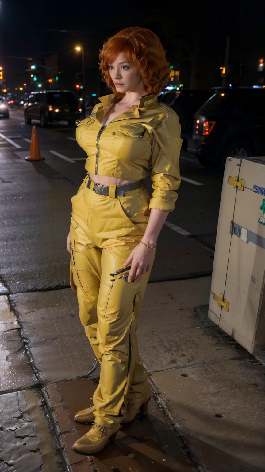 (masterpiece), (best quality), (solo character), (photorealistic:1.4), (c7r1s1h3n6r-smf, CHristina Hendricks), (April O'Neil_v1 jumpsuit), (yellow jumpsuit), (April O'Neil_v1 white belt), ), (epiCRealLife), (lora:epiCFlashPhoto), (latex midriff), (red hair), (brown eyes), (young woman), (flashphoto), (night time), (new york city street), (traffic light), (different camera angle shots), (look at viewers), (cowboy shots)