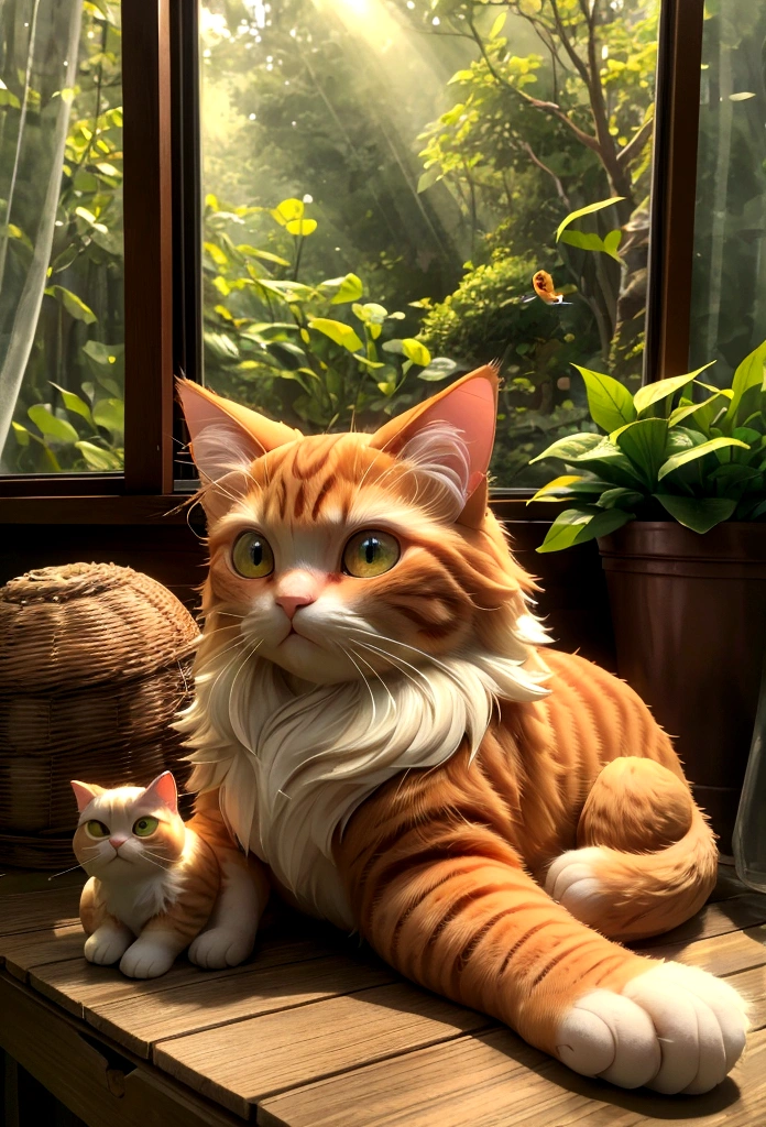 In a cozy cottage nestled in a lush green forest, a fluffy cute ginger cat named Oliver lounged on a sunlit windowsill. His fur glistened in the morning light, and his big, round eyes sparkled with curiosity as he watched the birds fluttering outside. (good quality:1.2), (Ultradetailed:1.2), (ultradetailed face:1.2), (ultradetailed body:1.2)