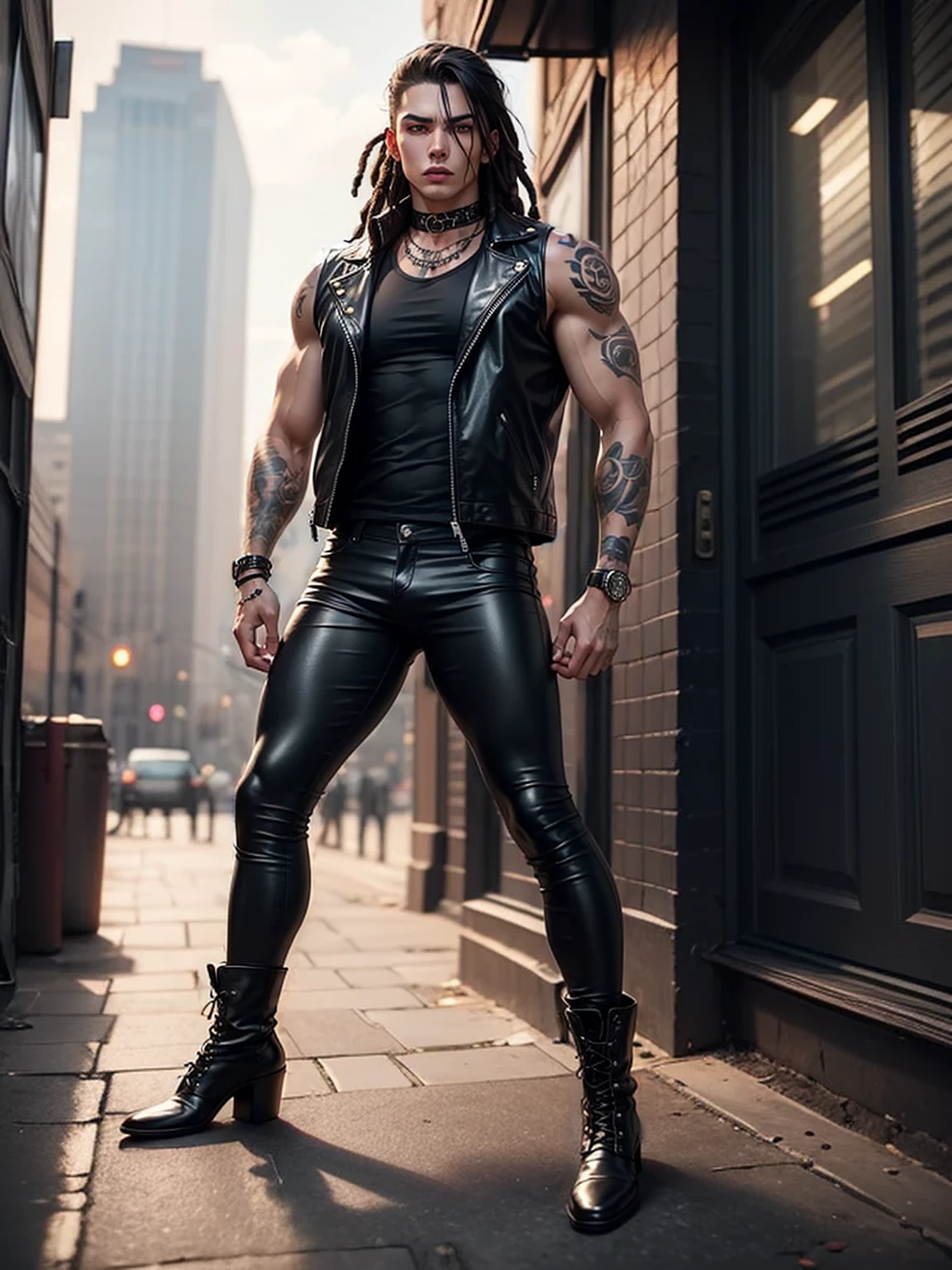 full body shot,18 year old androgynous young man with dreadlocks, intergalactic antihero, known for his cruelty and sarcastic behavior.. He is depicted as an alien humanoid with pale white skin........., long black dreadlocks,no facial hair,super muscular physique in black leather pants.. His bright red eyes give him a menacing look............ Often dressed in an open black leather vest.........,in high boots,leather gloves on hands, he has a punk rock look. With tattoos and scars all over my body, emphasizing his seasoned character.,Best quality, (Photorealistic:1.4).Create dystopian шедеврs.