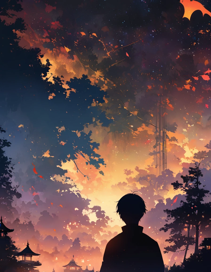 Guy silhouette, filled with bamboo branches, Traditional Japanese bamboo, close-up, double exposure, night sky background