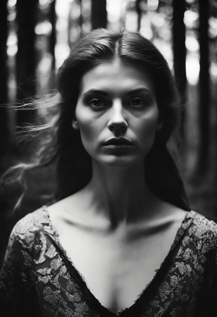 There is a woman, inspired by Anna Fussli, still photo, by Anna Fussli, half portrait, mysterious portrait of a woman, inspired by Ásgrímur Jónsson, by Atila Meszlenyi, by Louisa Matthíasdóttir, Woman in a dark forest. black and white photography, analogue photo