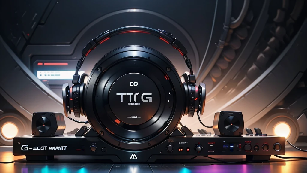 D,T,G, (D,T and G letters: 1.8), DJ set, Music, cassette, CD Player, Futuristic device for music playing, Music reproducer, Lo-fi, writing, abstract, colorful, high resolution, high quality, neon colors, dark grey background, black grey grdient