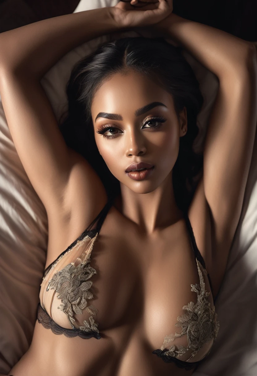 a single woman in black lingerie, laying on bed, arms above head, legs spread, beautiful detailed eyes, beautiful detailed lips, extremely detailed face, long eyelashes, sensual, erotic, intimate, high quality, 8k, photorealistic, masterpiece, chiaroscuro lighting, dramatic shadows, warm color tones