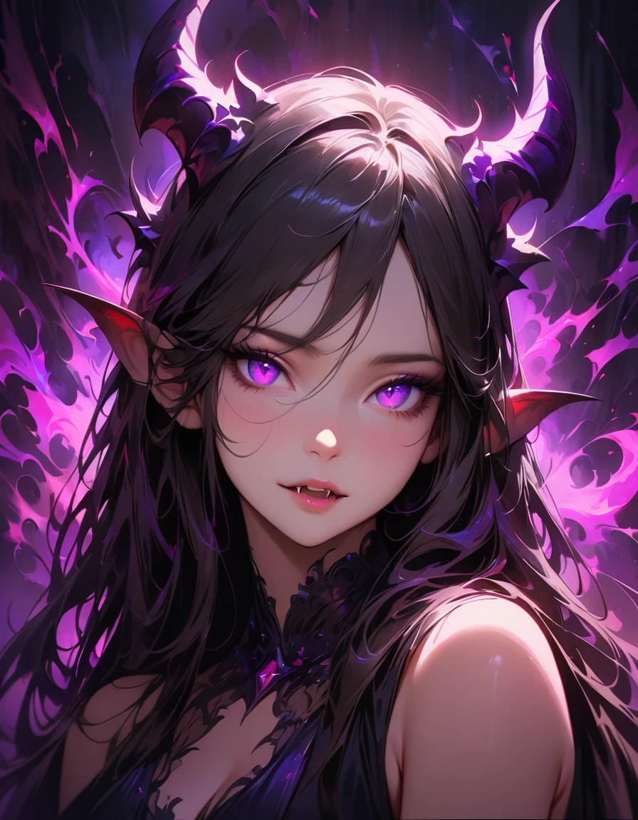 masterpiece, Best quality, 1 girl,photo, Studio photography, from the waist up, upper body, Shoulders back, long hair covers shoulders, headband with black roses and veil, tiara of bloodstones and rubies with black metal, pale-skinned woman with a seductive expression, iridescent skin, Succubus, Twisted Horns, on a throne of stone spikes in the underworld, underworld, afterlife, Surrounded by demons, dark atmosphere, purple lighting, light rays, skull, iridescent scepter, the evening Mediterranean light casts a warm glow on her porcelain skin., High-resolution image, digital painting, Spiritual peace, golden ratio composition, cowboy shot, brilliant, brilliant hair, (night:1.2),Dreamy, [[gentle fingers and hands:0.55]::0.85],(detailed fingers),),(emotional),(breathtaking),(main part:1.2) whole body.), (Anime Style), (Super Detailed), (brutal), (uhd, HDR), (8k), (High Resolution: 1.2), (Complex and Beautiful: 1.2)