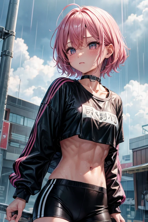 Rainy Town、Athlete girl、Pink Hair、short hair、Black choker、Wet T-shirt、Wet Hair、Trained abdominal muscles