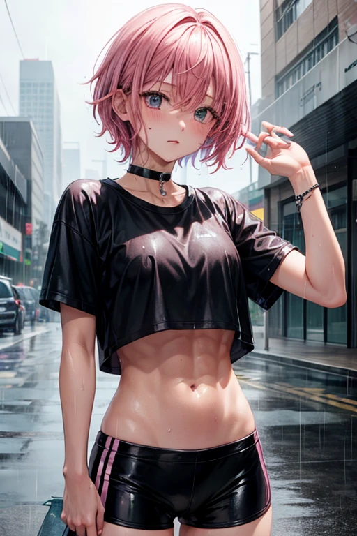 Rainy Town、Athlete girl、Pink Hair、short hair、Black choker、Wet T-shirt、Wet Hair、Trained abdominal muscles