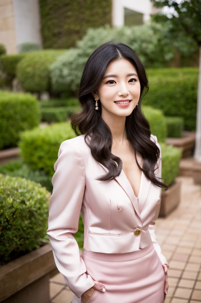 Wedding venue garden,President of import goods sales company,((full body)),((photo)),((best qualtiy, 8K, tmasterpiece:1.3)), Focus:1.2, perfect figure beautiful woman:1.4,1woman,cowboy shot,look at viewer,incredibly absurd, beautiful and cute woman with a photorealistic face, showcasing top-quality craftsmanship, A Japanese woman attending her sister's wedding at a wedding venue, 35 years old, long hair, straight black hair, shiny, silky hair that curls inwards, narrow double eyelids, long eyelashes, pronounced eyebrows, high nose, thin lips, white teeth, bright smile, smooth, honey-colored skin, thin neck, tall, glamorous, slender, F-cup breasts, pale pink suit, knee-length pencil skirt, high heels, diamond earrings and necklace, luxury brand watch, clutch bag, cigar, beautiful, lady-like, pretty older sister, celebrity-like, adult woman, intelligent, calm, kind, playful, sharp-tongued, soothing to those around, refined, elegant, June