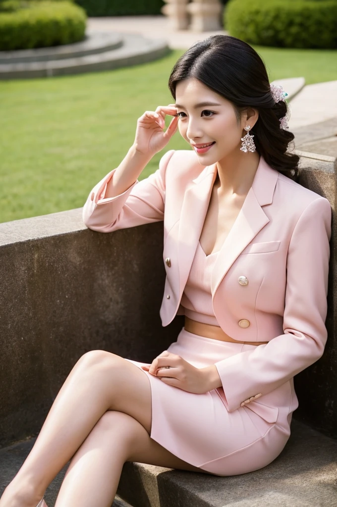 Wedding venue garden,President of import goods sales company,((full body)),((photo)),((best qualtiy, 8K, tmasterpiece:1.3)), Focus:1.2, perfect figure beautiful woman:1.4,1woman,cowboy shot,look at viewer,incredibly absurd, beautiful and cute woman with a photorealistic face, showcasing top-quality craftsmanship, A Japanese woman attending her sister's wedding at a wedding venue, 35 years old, long hair, straight black hair, shiny, silky hair that curls inwards, narrow double eyelids, long eyelashes, pronounced eyebrows, high nose, thin lips, white teeth, bright smile, smooth, honey-colored skin, thin neck, tall, glamorous, slender, F-cup breasts, pale pink suit, knee-length pencil skirt, high heels, diamond earrings and necklace, luxury brand watch, clutch bag, cigar, beautiful, lady-like, pretty older sister, celebrity-like, adult woman, intelligent, calm, kind, playful, sharp-tongued, soothing to those around, refined, elegant, June