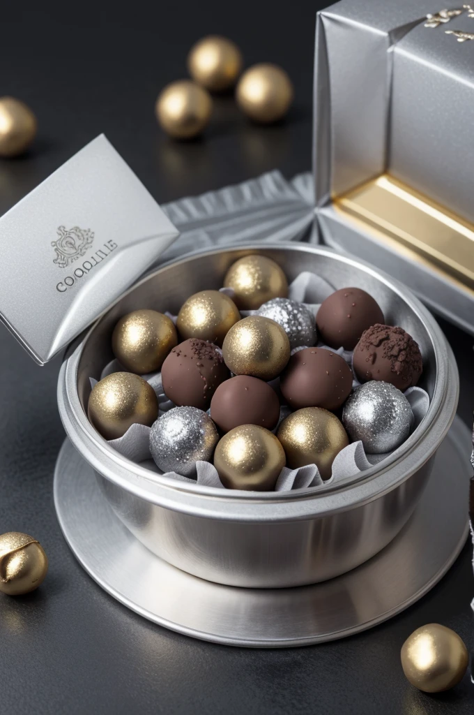 Image about economy, Graphics, etc, silver theme/gray with chocolate truffles with gold details