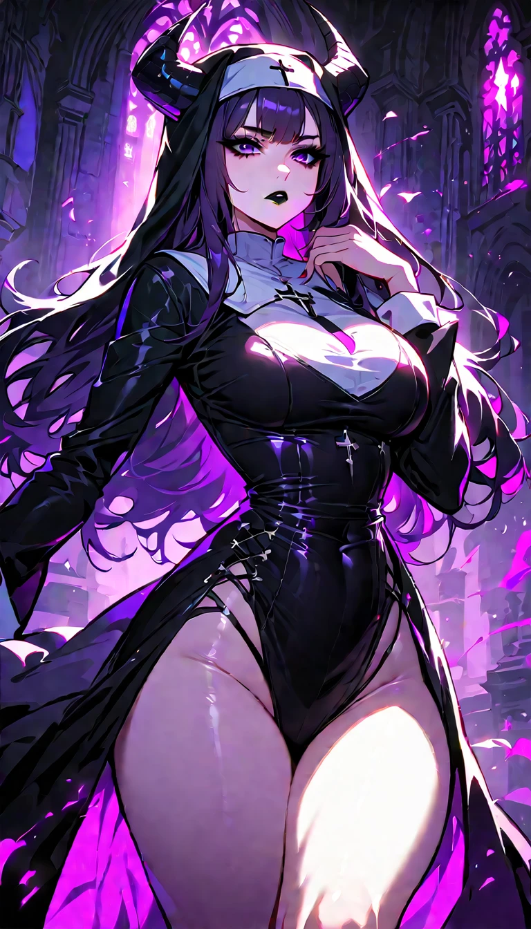 (high quality, 8k, 4K, high contrast, artwork:1.2, high quality, best aesthetics), (dynamic angle), ((1 woman)), erotic, sensual, mature body, super detailed, beautiful face detailed, beautiful eyes detailed, detailed beautiful mouth, sexy body, perfect breats, perfect wide thighs, pale skin, dark purple hair, dark purple long hair, dark purple straight hair, dark purple eyes, long eyelashes, penetrating look, serious, gothic makeup, black lipstick, black eyeshadow, black eyeliner, nun, black nun clothes, dark purple demon horns, church, purple lighting, centered, standing upright.