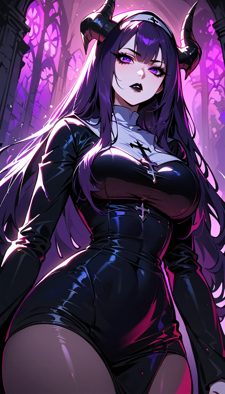 (high quality, 8k, 4K, high contrast, artwork:1.2, high quality, best aesthetics), (dynamic angle), ((1 woman)), erotic, sensual, mature body, super detailed, beautiful face detailed, beautiful eyes detailed, detailed beautiful mouth, sexy body, perfect breats, perfect wide thighs, pale skin, dark purple hair, dark purple long hair, dark purple straight hair, dark purple eyes, long eyelashes, penetrating look, serious, gothic makeup, black lipstick, black eyeshadow, black eyeliner, nun, black nun clothes, dark purple demon horns, church, purple lighting, centered, standing upright.