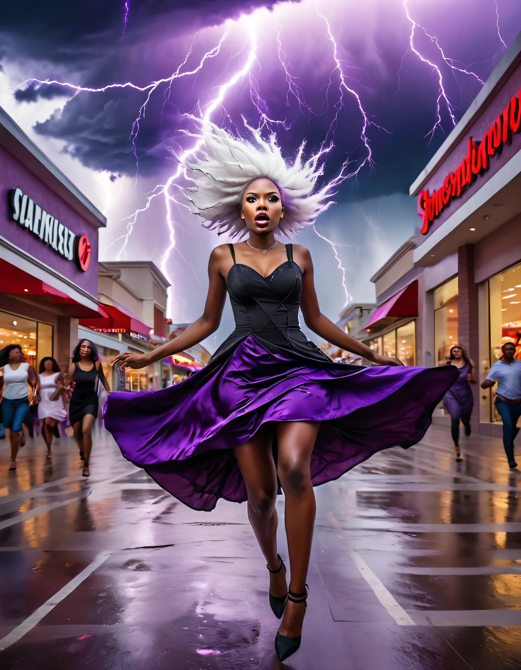 a tornado touching down in a shopping center, people running, lightning coming out of a 30 year old gothic black woman floating in a busy city, wearing a gothic dress, red eyes, white hair, purple aura, atmospheric lightning, dramatic purple lightning, wind, head tilt, expressive hair, thin legs, people fleeing from the busy streets, dark clouds, numerous purple lightning bolts shooting from her hands