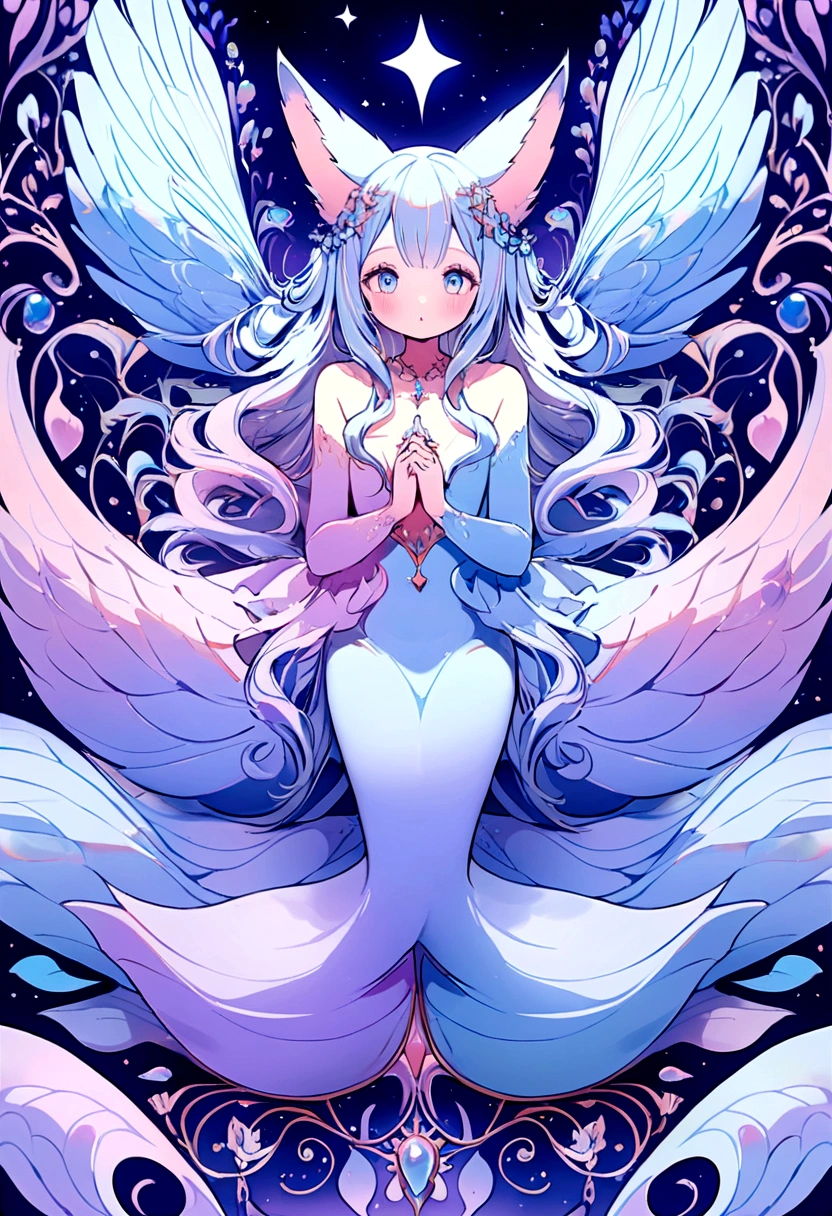 A pastel blue fox with light pink, mermaids tail