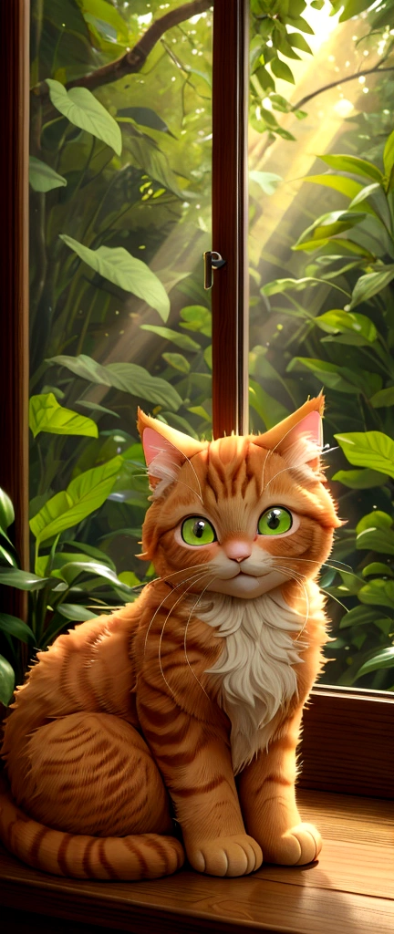 In a cozy cottage nestled in a lush green forest, a fluffy cute ginger cat named Oliver lounged on a sunlit windowsill. His fur glistened in the morning light, and his big, round eyes sparkled with curiosity as he watched the birds fluttering outside. (good quality:1.2), (Ultradetailed:1.2), (ultradetailed face:1.2), (ultradetailed body:1.2)